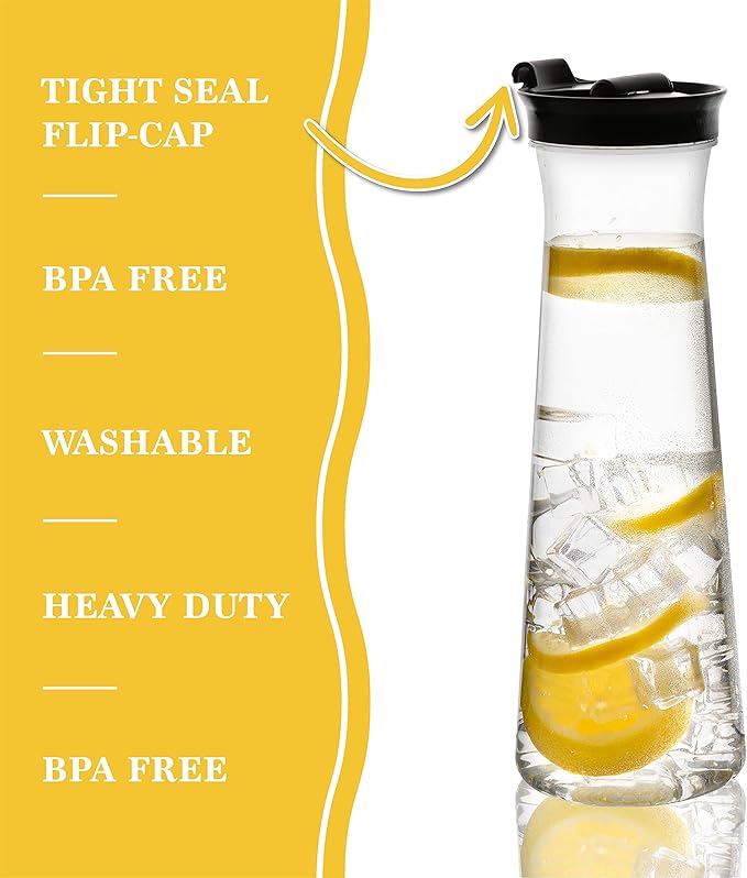 Clear Plastic Water Pitchers Carafes with Flip top Black Lids 34 OZ Heavy Duty Beverage Pitcher Jug for Juice or iced Coffee Great for Mimosa bar Restuarants ot Schools Pack of 6