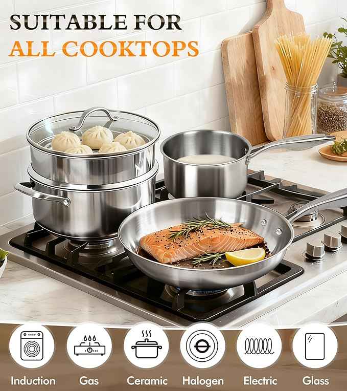 16-Piece Pots and Pans Set, Tri-Ply Stainless Steel Cookware Set with Lids, Non-toxic Kitchen Cooking Set, Dishwasher-Friendly, Induction-Ready, Even Heating, Heavy Duty, Compatible with All Cooktops
