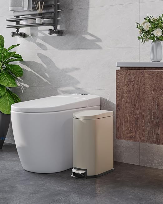 GarveeHome 2.6 Gallon Bathroom Trash Can, Space-Saving Slim Stainless Steel Step-On Garbage Bin with Soft Close Lid, Removable Inner Bucket for Bathroom & Bedroom, Sand Beige