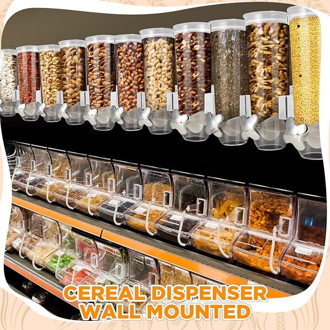 Nitial 2 Pieces Cereal Dispenser Wall Mounted 4.5L Triple Candy Machine Grain Dispenser with Cup Triple Dry Food Snack Wall Mount Cereal Storage Container for Kitchen Food Store Coffee Store (White)