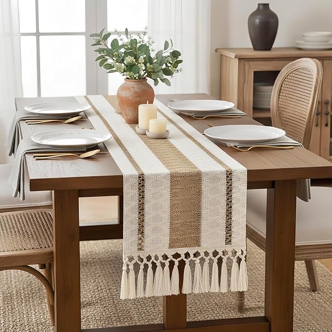 FEXIA Boho Table Runner for Hoilday Spring Home Decor with Tassels 60 Inches Long Pottery barn Furniture Farmhouse Rustic Macrame Burlap Table Decoration for Living Room (12x60 Inches)