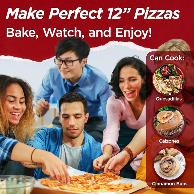 CULINARY CHEF Electric Pizza Oven with Ceramic Stone, Viewing Window, Adjustable Heat Control, Timer and 1200W Baking Power, DIY Homemade Pizzeria, Large 12” Pie Capacity (Red)