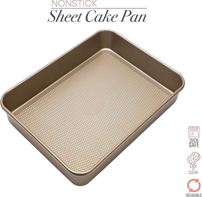 Kitchen Details Pro Series Baking Pan | Dimensions: 15.4” x 11.5” x 2” | Nonstick | Textured Diamond Base | Even Heating | Easy Clean | Safe up to 500 degrees | Gold