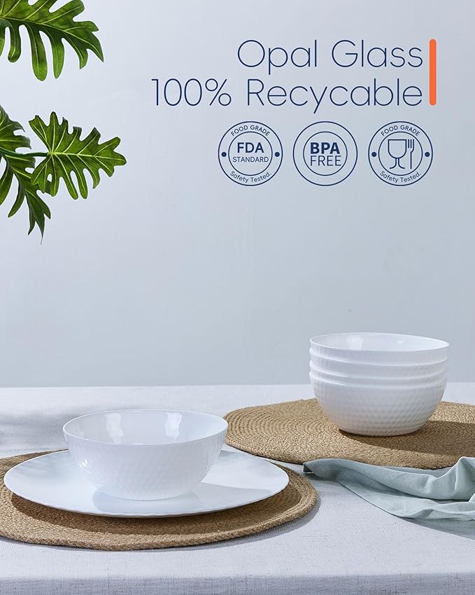 20 OZ Max White Opal Glass Cereal Bowl Set of 6, 6 inch Dishwasher & Microwave Safe Round Geometric Faceted Bowls for Kitchen, Salad, Soup and Rice