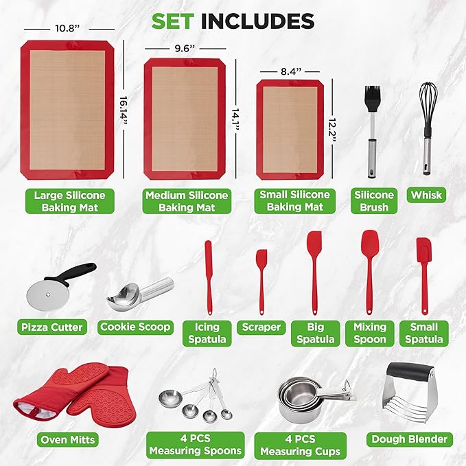 NutriChef 23-Piece Baking Utensil Collection with Measuring Tools, Silicone Mats, Spatulas, Whisk & Oven Mitts - Complete Kitchen Utensils Set and Baking Tool Set Suitable for Home Bakers