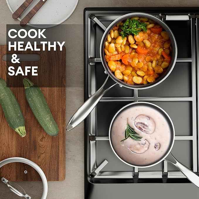 COOKER KING Stainless Steel 6 Pcs Pots Set, 1.5 & 2QT Saucepan and 5-Quart Pots with Lids, Non Stick, Non Toxic, Stay-Cool Handles, Induction, Oven, Dishwasher Safe