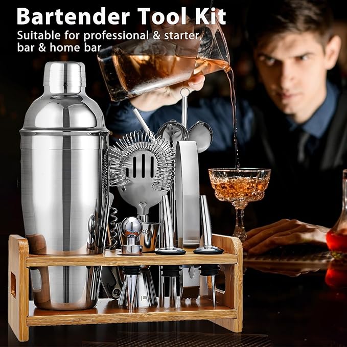 Cocktail Shaker Set Bartender Kit, Godmorn 15Pcs Bartender Shaker Set, 304 Stainless Steel Martini Shaker and Strainer, Bar Tool Set with Bamboo Stand, Recipe Book, for Home and Bar Party