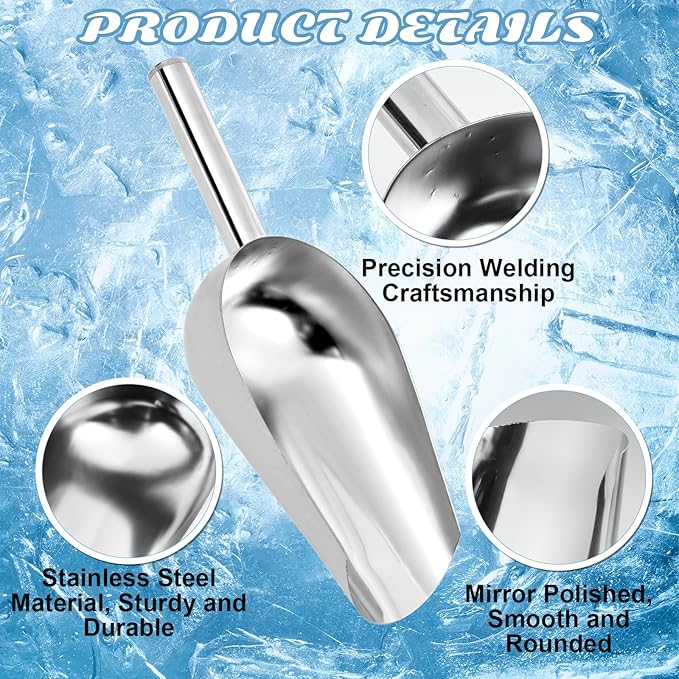 3 + 6 + 9 + 12 + 16 OZ Ounce Stainless Steel Ice Scoop Set of 10, Food-Grade, Multiple Sizes Metal Food Scoop, Rust-proof Candy Ice Cube Scoop for Kitchen Party Wedding Popcorn Dog Food Potted Plants