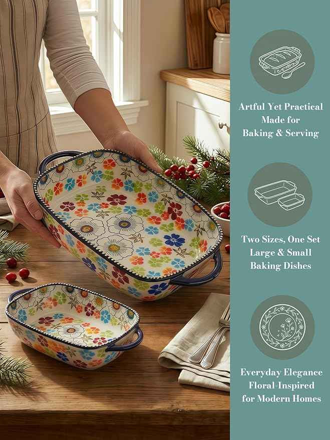 Polish Pottery Style Ceramic Baking Dish Set, 2-Piece Casserole Bakers for 2–3 People, Floral Decorative Bakeware, Oven Safe Lasagna Pan, Microwave Dishwasher Safe, Gift-Ready, Protective Packaging
