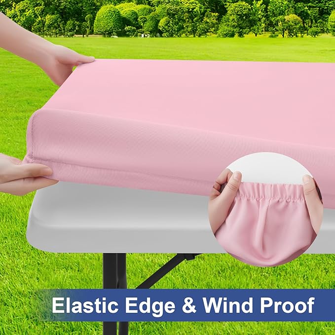 homing Rectangle Table Cloth Cover, Waterproof Polyester Elastic Fitted Tablecloth, Fits for 6 Foot Folding Tables, Washable Table Protector for Picnic, Camping, Outdoor (Pink, 30" x 72")