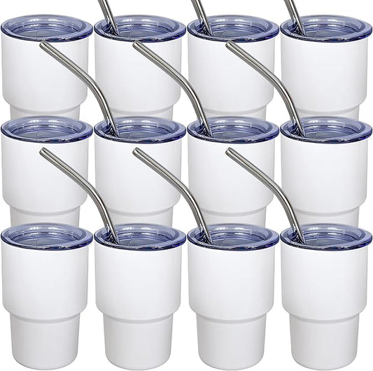 UIRZOTN 3oz Mini Tumbler Shot Glass with Straw and Lid, 12 Pack Stainless Steel Sublimation Shot Glasses for Wedding Party Whiskey Cocktail Bar with Straw and Lid (White)