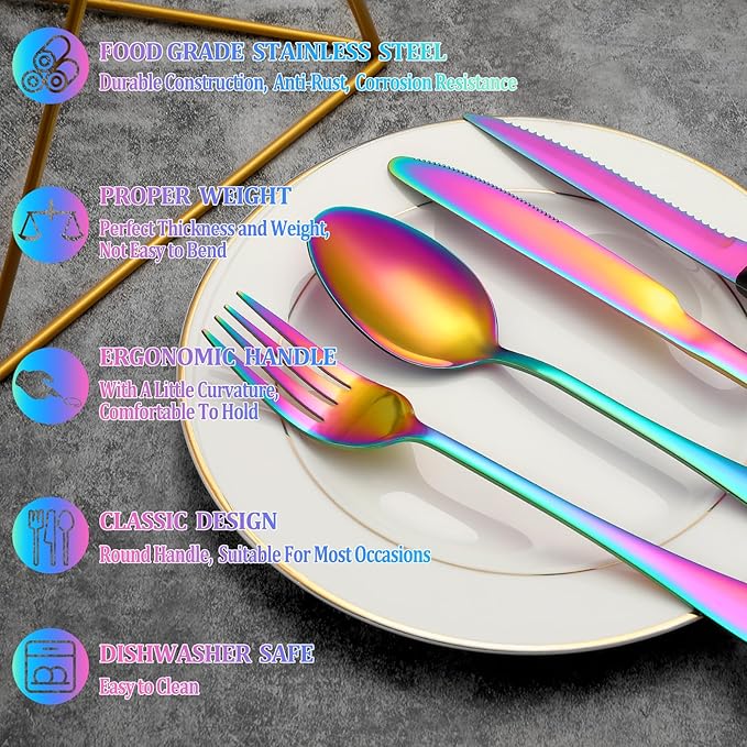 36 Pcs Rainbow Silverware Set with Steak Knives Service for 6,Stainless Steel Flatware Set,Mirror Polished Cutlery Utensil Set, Kitchen Eating Tableware,Include Fork Knife Spoon Set,Dishwasher Safe