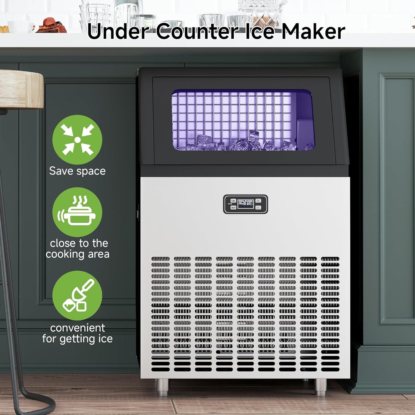 Real Relax Commercial Ice Machine, 270LBS/24H ETL Approval Under Counter Ice Maker Machine, 48LBS Ice Storage Capacity, Auto Self-Cleaning, LCD Display, with Ice Scoop for Party Bars