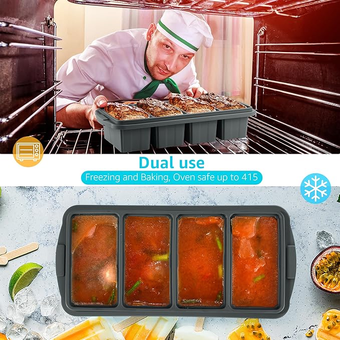 Ztomine Silicone Freezer Tray With Lid - Silicone Freezer Food Molds- Large Ice Cube Tray,Silicone Freezer Container,Freeze & Store Soup, Sauce, Broth,Leftovers - Makes 4 Perfect 1 Cup