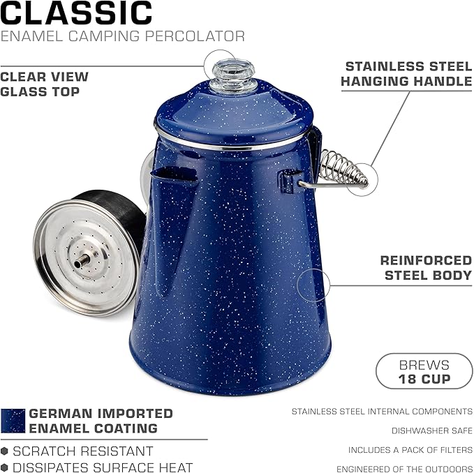 COLETTI Classic Percolator Coffee Pot — The Most Nostalgic Camping Coffee Pot, Now Modernized [Blue Enamel, 18 Cup]