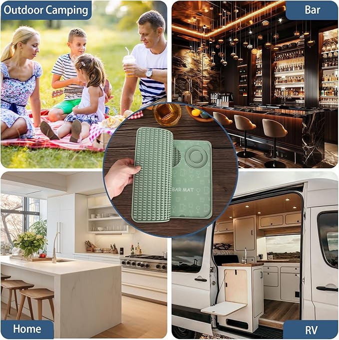 Foldable Bar Mat 18x12 inch - 3-in-1 Silicone Drying Mat with Removable Cutting Board & Rim Tray | Countertop Protector for Home, Outdoor, Travel | Professional Cocktail Accessories (green)