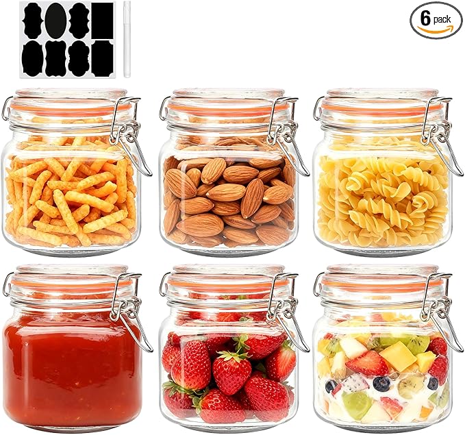 25 oz Glass Jars With Airtight Lids And Leak Proof Rubber Gasket,Wide Mouth Mason Jars With Hinged Lids For Kitchen Canisters 750ml, Glass Storage Containers 6 Pack