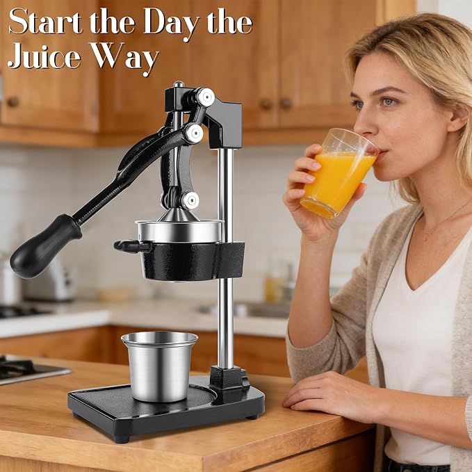 Cast Iron Manual Juicer Hand Press, Lemon Squeezer, Commercial-Grade Citrus Press Suitable for Oranges, Lemons, Limes, and Pomegranates Easy to Clean Includes Stainless Steel Cup, Black