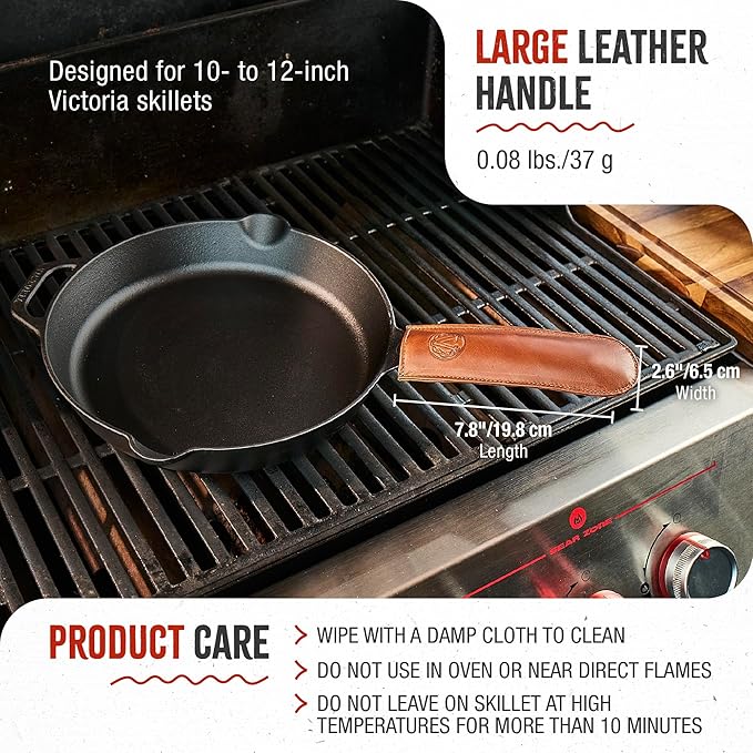 Victoria Leather Handle Cover for Cast Iron Skillets, Heat-Resistant Pan Handle Sleeve, Handmade in Colombia, Large