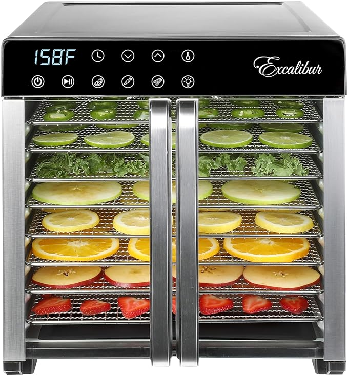 Excalibur Food Dehydrator 8-Tray for Jerky, Fruit, Vegetables, Herbs, Pet Treats, 7.2 Cu Ft Drying Space with Adjustable Temperature Control and 80 hour digital timer, 8-Tray, Stainless Steel