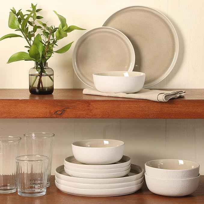 Gibson Elite Tahoe Sunset 12-Piece Reactive Stoneware Dinnerware Set – Matte Exterior & Shiny Interior Plates and Bowls, Durable Everyday Dish Set, Microwave & Dishwasher Safe - Taupe