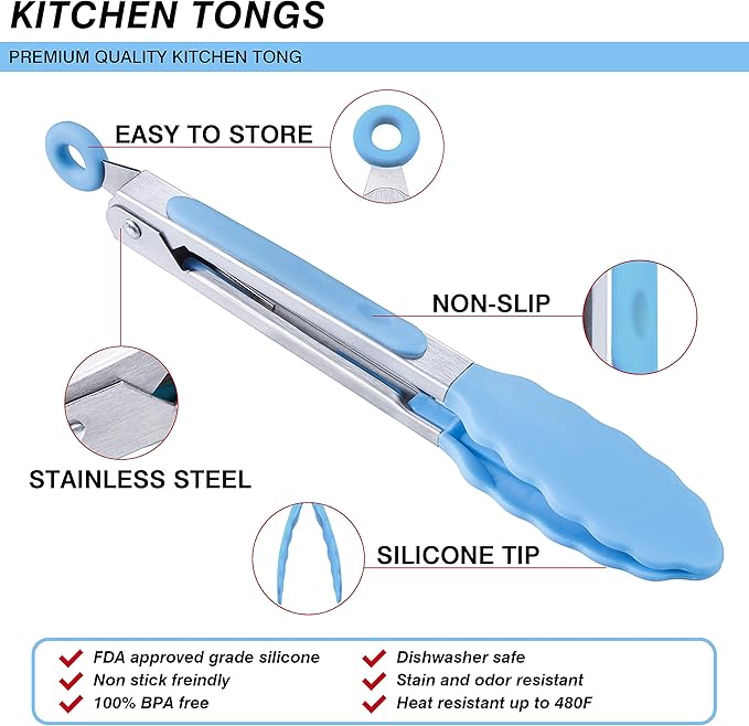 MSY BIGSUNNY Kitchen Food Tongs - 7" Mini Silicone Serving Tongs - Set of 3 (Blue)