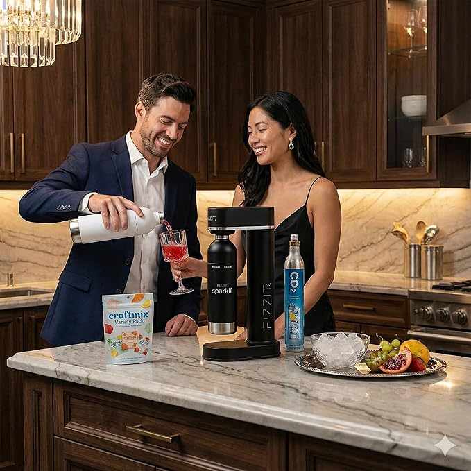 Stainless Steel Black Sparkling Water and Soda Maker Machine with 3 Black Stainless Steel 1L Re-Usable Bottle