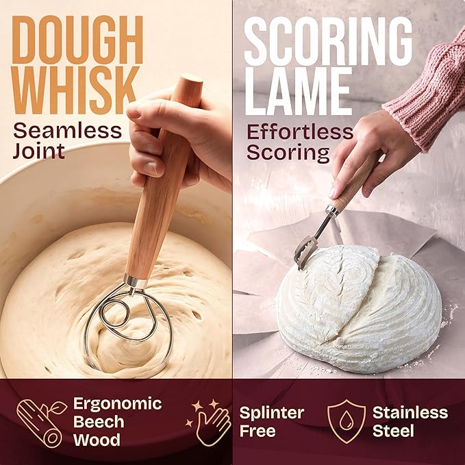 Superbaking 10" Oval Banneton Bread Proofing Basket – Sourdough Starter Kit for Crusty Artisan Style Loaves, Includes Essential Bread Baking Supplies & Tools - Ideal Gift for Bakers