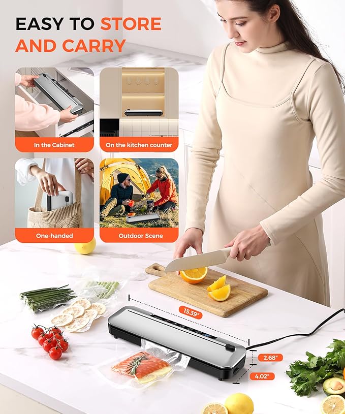 Vacuum Sealer Machine 75Kpa Precision Suction Power 6-in-1 Food Sealer with Digital Timer, Dry & Moist Food Modes, Compact Design with 10 Vacuum Bags & Built-in Cutter(Sliver)