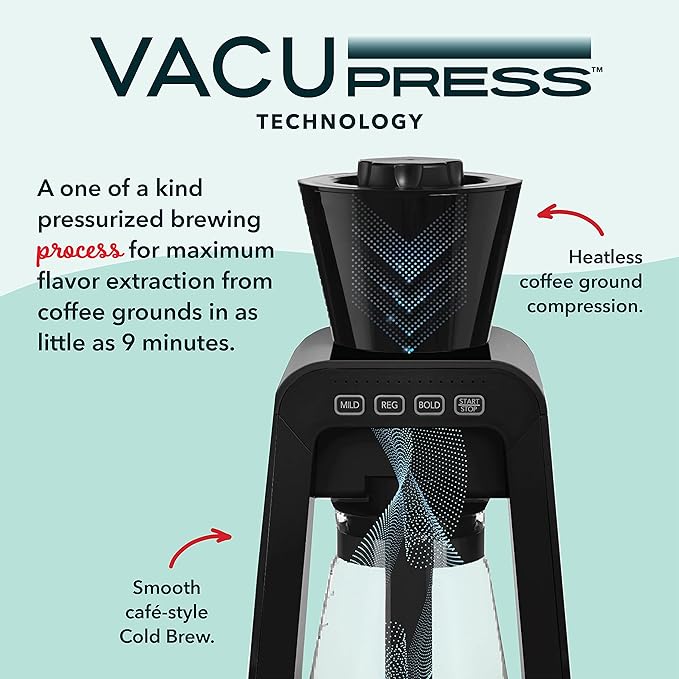 DASH Rapid Cold Brew Maker with VacuPress™ Technology with Glass Carafe for 40 Ounces of Instant Fresh Cold Brew Coffee or Iced Tea