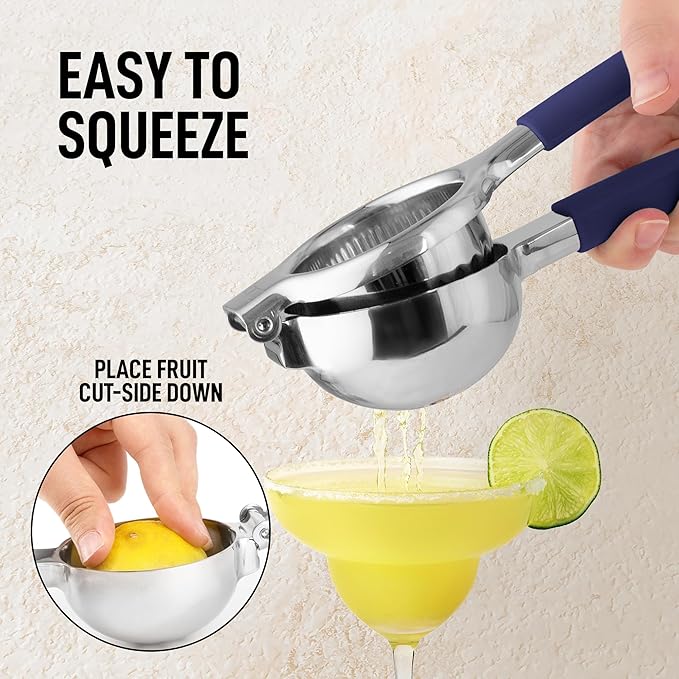Zulay Kitchen Lemon Squeezer Stainless Steel with Premium Heavy Duty Solid Metal Squeezer Bowl and Food Grade Silicone Handles - Large Manual Citrus Press Juicer and SS Lime Squeezer (Navy)