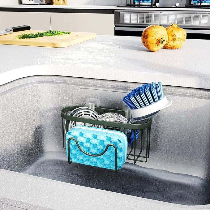 HapiRm Sponge Holder for Kitchen Sink - Sink Caddy with Unique M-Shaped, 2 Installation Methods Kitchen Organizer, Rustproof Stainless Steel Sponge Caddy - Green
