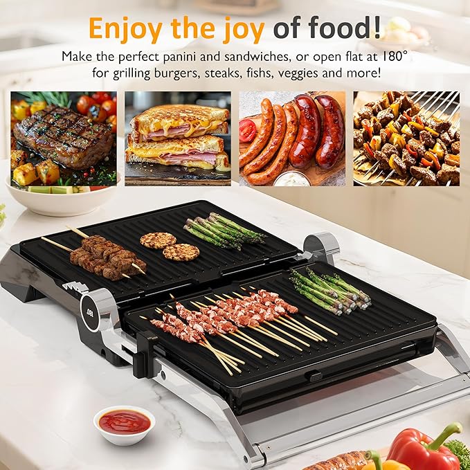 Sunvivi Indoor Grill & Griddle with Preset Menu, 1600W Electric Panini Press Sandwich Maker, Removable Nonstick Plates, Locking Lid, Double-sided Grill with 180° Flat Opening, Stainless Steel, Black