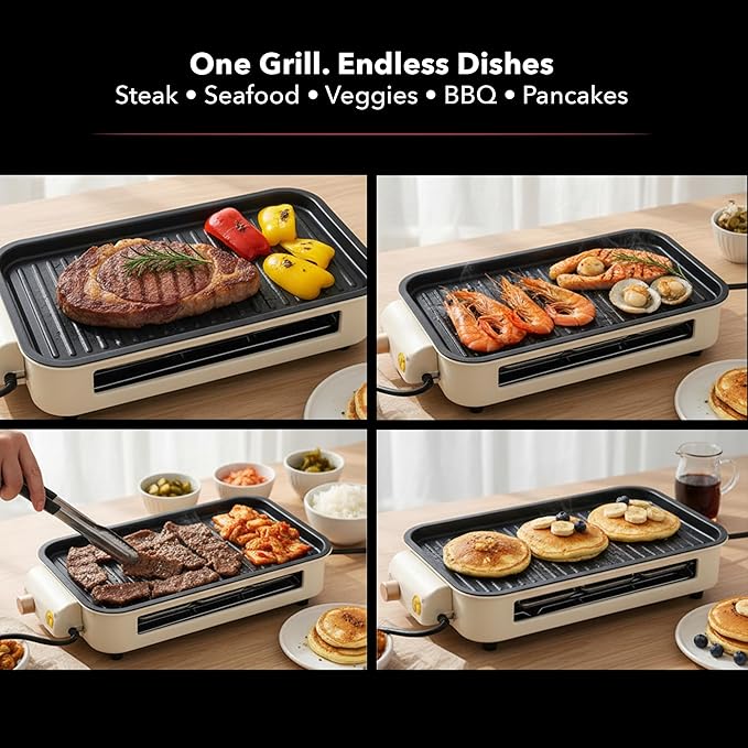 OVENTE 2-in-1 Electric Indoor Grill, 1500W Smokeless Korean BBQ Griddle with Non-Stick Removable Cooking Plate, 3 Raclette Cheese Pans, Adjustable Temperature Control, Dishwasher Safe, Beige BQR1502B