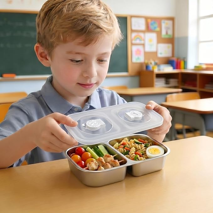 6 Pack Stainless Steel Snack Containers, 2 Compartment Reusable Metal Snack Boxes Containers with Leak-Proof Lids, Compact Lunch Box Food Storage Container