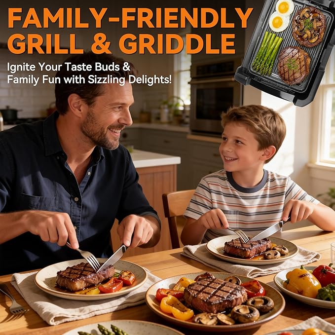 Baker’s Friend Indoor Searing Grill & Griddle, Electric Griddle with 2 in 1 Indoor Grill and Griddle Plate Indoor Grill with Removable Plate & Lid, Silicone Mold, Dishwasher Safe, Graphite