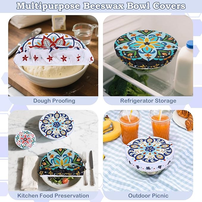 5-Size Reusable Beeswax Bowl Covers for Bread Proofing, Cotton Cloth Flexible Beeswax Wraps for Food Storage(Pentagonal Floral)