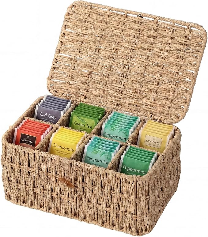 Sieral Tea Bag Organizer/Sugar Packet Holder with Lid 8 Compartment Paper Rope Woven Tea Storage Box for Chest Coffee Pill Condiment Organizer Wicker Divider Container for Countertop Drawer Shelf