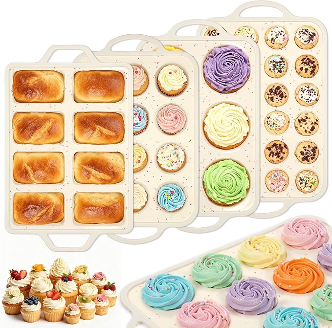 SHENLIU 4 Pcs Silicone Baking Pan Set, Mini Muffin Pan For Baking With Metal Reinforced Frame, Nonstick Loaf, Mini Muffin, Round Pans, Cupcake Baking Pans Molds for Oven, Dishwasher Safe Brownie Pan