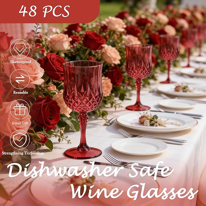 Plastic Wine Glasses, Plastic Goblets Vintage Style Cordial Unbreakable Drinking Glasses, Reusable Drinkware for Wedding Reception, Grand Event Party Supplies, Mother's Day (48, Burgundy)