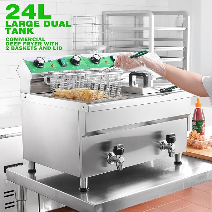 NUPANT 24L/25.4QT Commercial Deep Fryer with 2 Baskets and Lids, 110V Electric Fryer with Oil Filtration and Timer, Stainless Steel Large Double Tank Fryer Countertop Deep Fryer for Restaurant 3500W