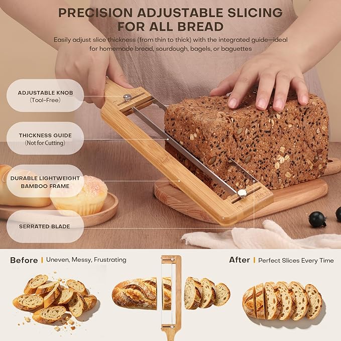 Adjustable Bread Knife for Homemade Bread Sourdough, 304 Stainless Steel Bread Slicer with Precision Slicing Guide, Bamboo Handle Bow Bread Knife with Extra Blade, Manual Bread Cutter Gift for Bakers