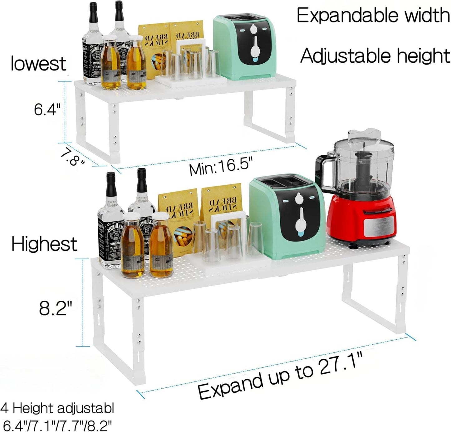 Heavy-Duty Adjustable Metal Shelf Organizer - Expandable & Stackable Pantry Storage Rack for Kitchen, Bathroom, RV, Cabinets(2 Packs/White, Medium)