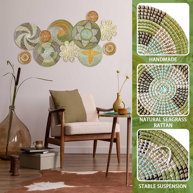 Tatuo 11 Pcs Boho Wall Basket Decor Bulrush Woven Wall Hanging Art Round Farmhouse Rustic Handmade Wicker for Summer Home, Bedroom, Living Room, Kitchen Decorations, Multi Sizes(Stylish)