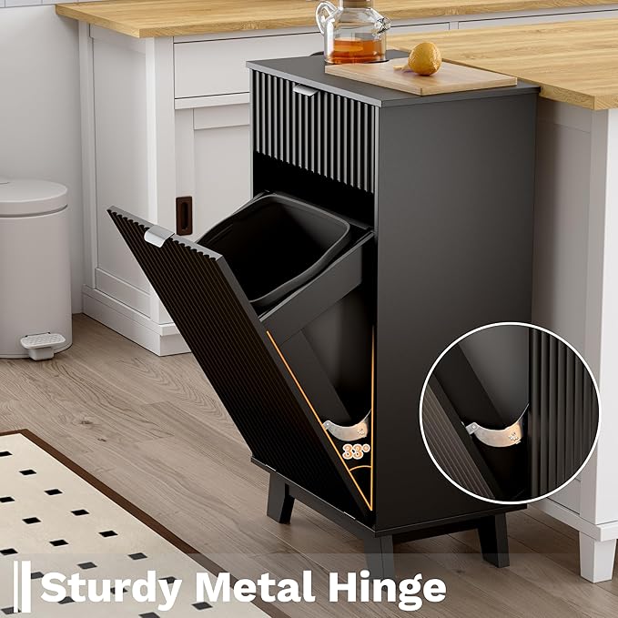 Modern Tilt Out Laundry Hamper Cabinet, 10 Gallon Wooden Trash Can Cabinet with Storage Drawer, Hidden Fluted Bathroom Storage Cabinet for Kitchen, Living Room (Black, 20.47"W x 35.83"H x 13"D)