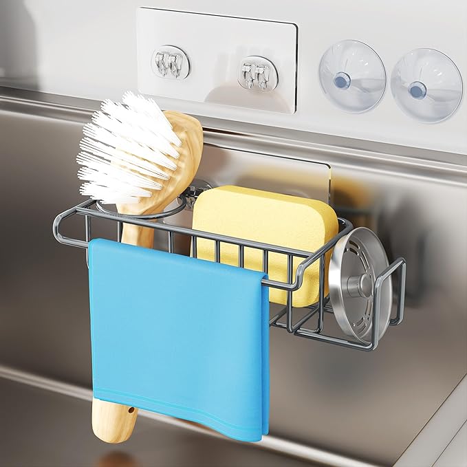 HapiRm Sink Caddy Sponge Holder - No Drill Sponge Holder for Kitchen Sink, Rustproof and Waterproof Kitchen Organizer - Grey