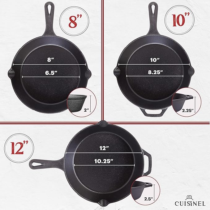 Cuisinel 12" + 10" + 8"-Inch Cast Iron Skillets Set with Braiser Lids + Silicone Handle Grips + Pan Scraper - Indoor/Outdoor Pre-Seasoned Kitchen Cookware - Oven, Fire, Stove Safe