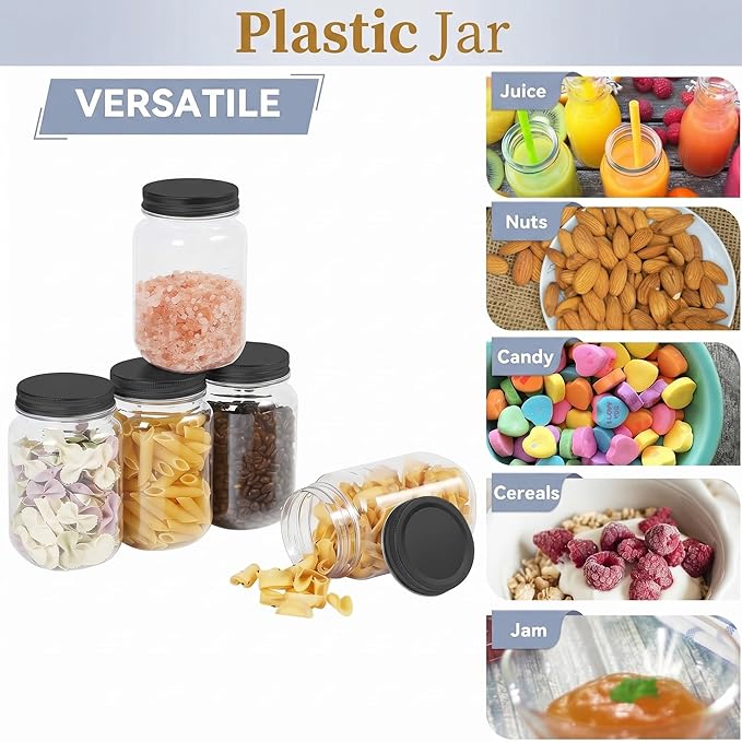 novelinks 16 oz Clear Plastic Jars with Lids, Refillable 16oz Mason Jars with Lids & Storage Containers for Kitchen & Household Use (24 Pack,Black)