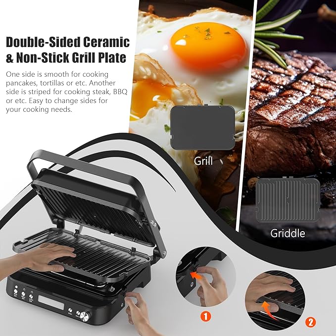 CATTLEMAN Panini Grill Press Sandwich Maker with Removable Plates, 1600W, 5 in 1 Smokeless Indoor Grill & Griddle with Meat Thermometer, PFAS Free Ceramic Nonstick Reversible Plates, Opens Flat