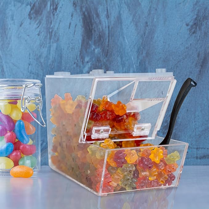 IneVibe Candy Bin Topping Dispenser - Acrylic Bulk Sprinkle Container w/Scoop, Stackable & Magnetic for Multiple Holders on Shelf - Commercial Setting for Cereal, Nuts, Candies & Snack Food Storage